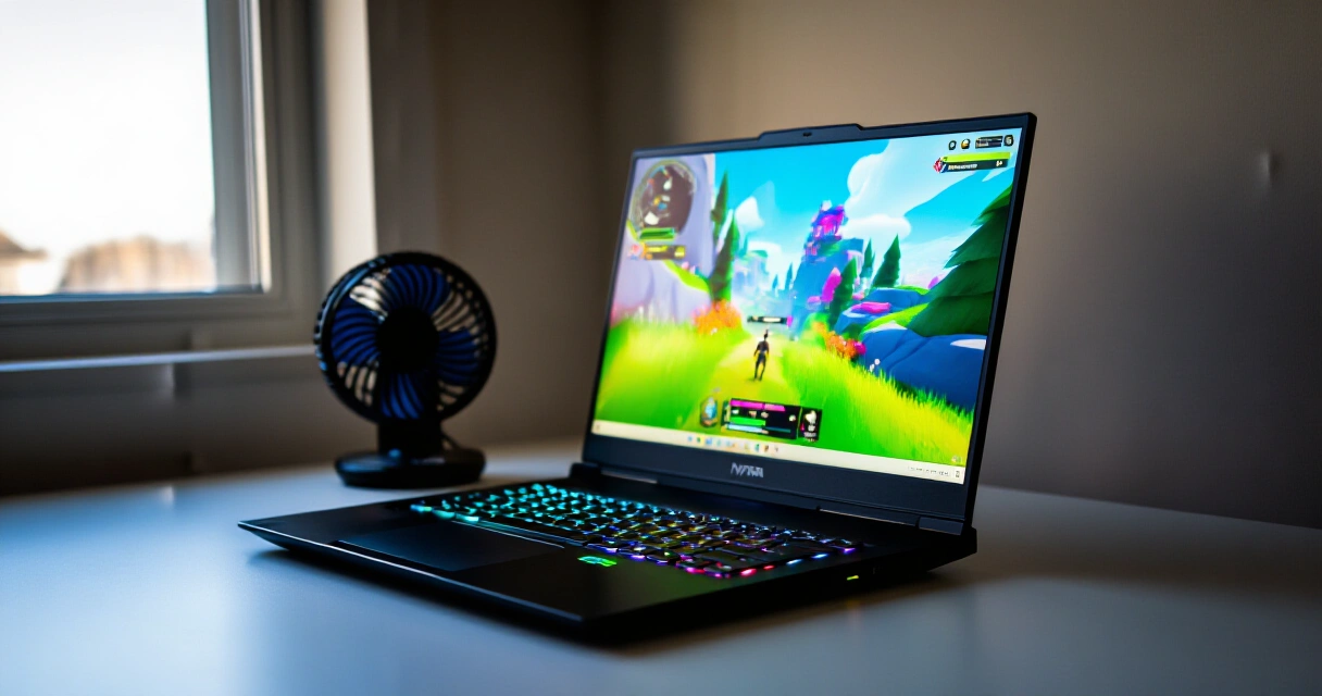 RTX 5070 Mobile peliläppäri pöydällä avattuna pelisessiolle, RGB-valaistus näkyvissä