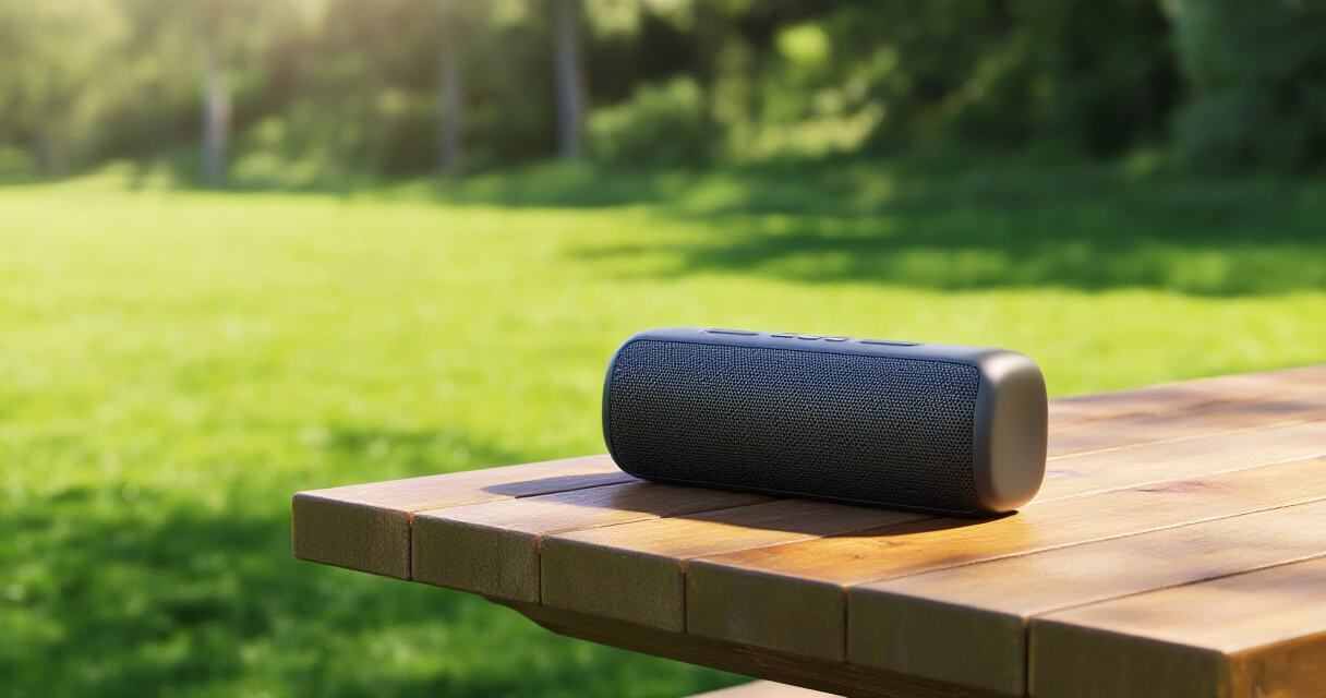 Kannettava Bluetooth-kaiutin ulkona aurinkoisella kesäpäivällä